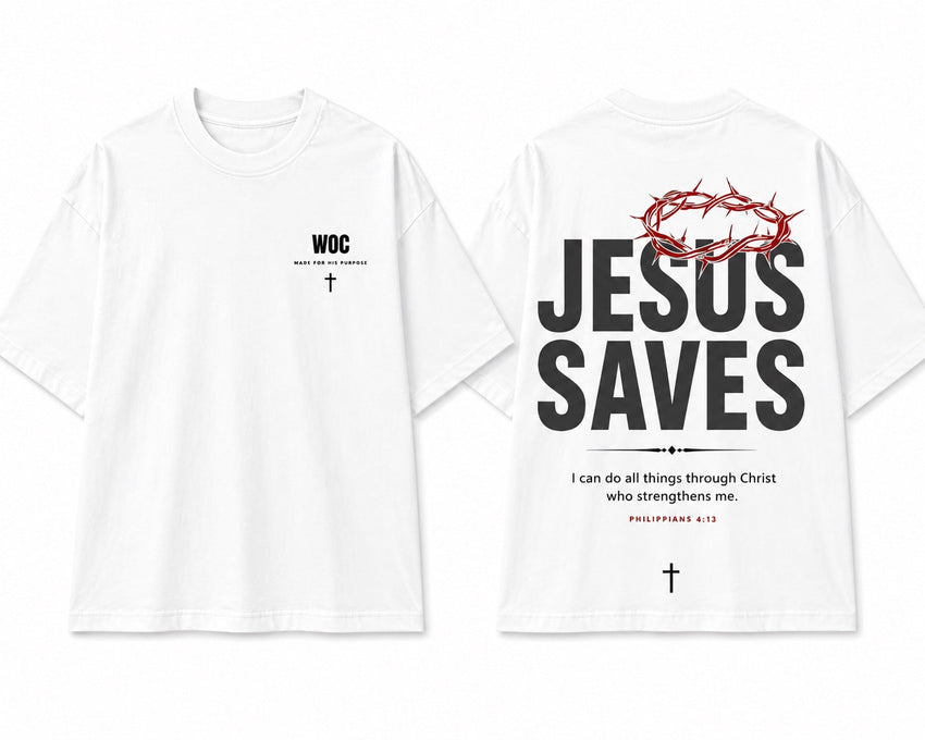 WOC Jesus Saves white tee front and back