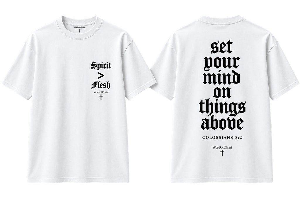 Spirit Over Flesh white tee front and back