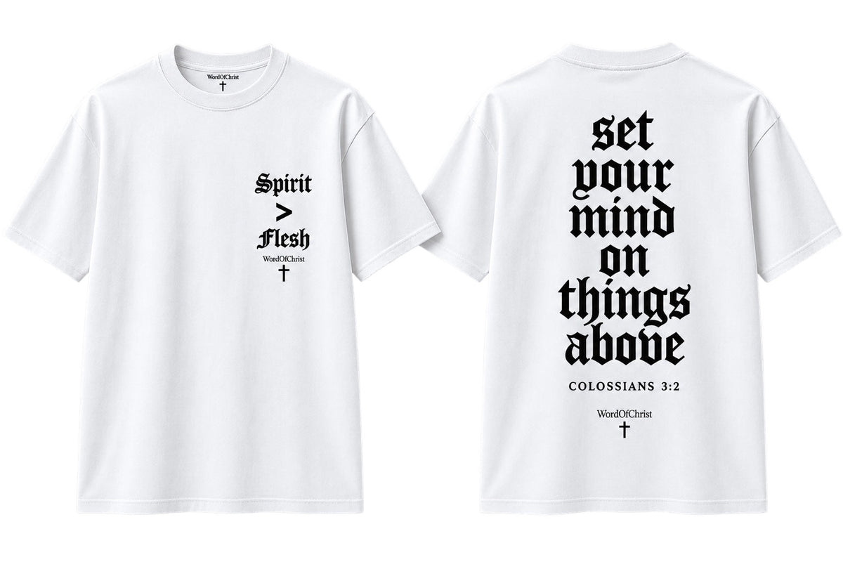 Spirit Over Flesh white tee front and back