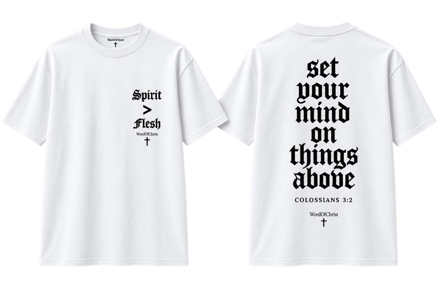 Spirit Over Flesh white tee front and back