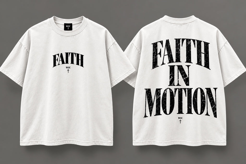 WOC Faith in Motion Tee white front and back