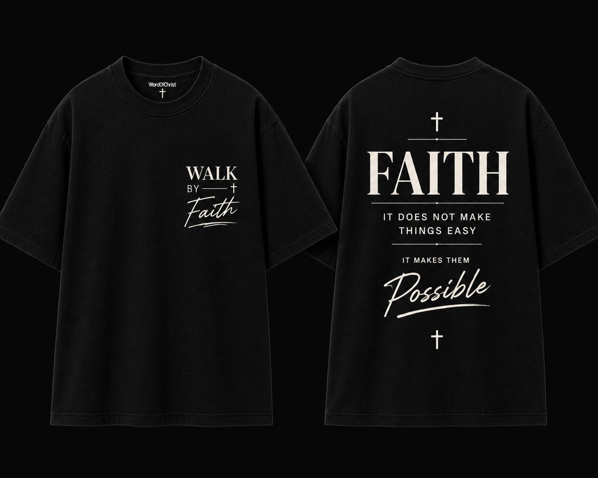Walk By Faith black T-shirt front and back